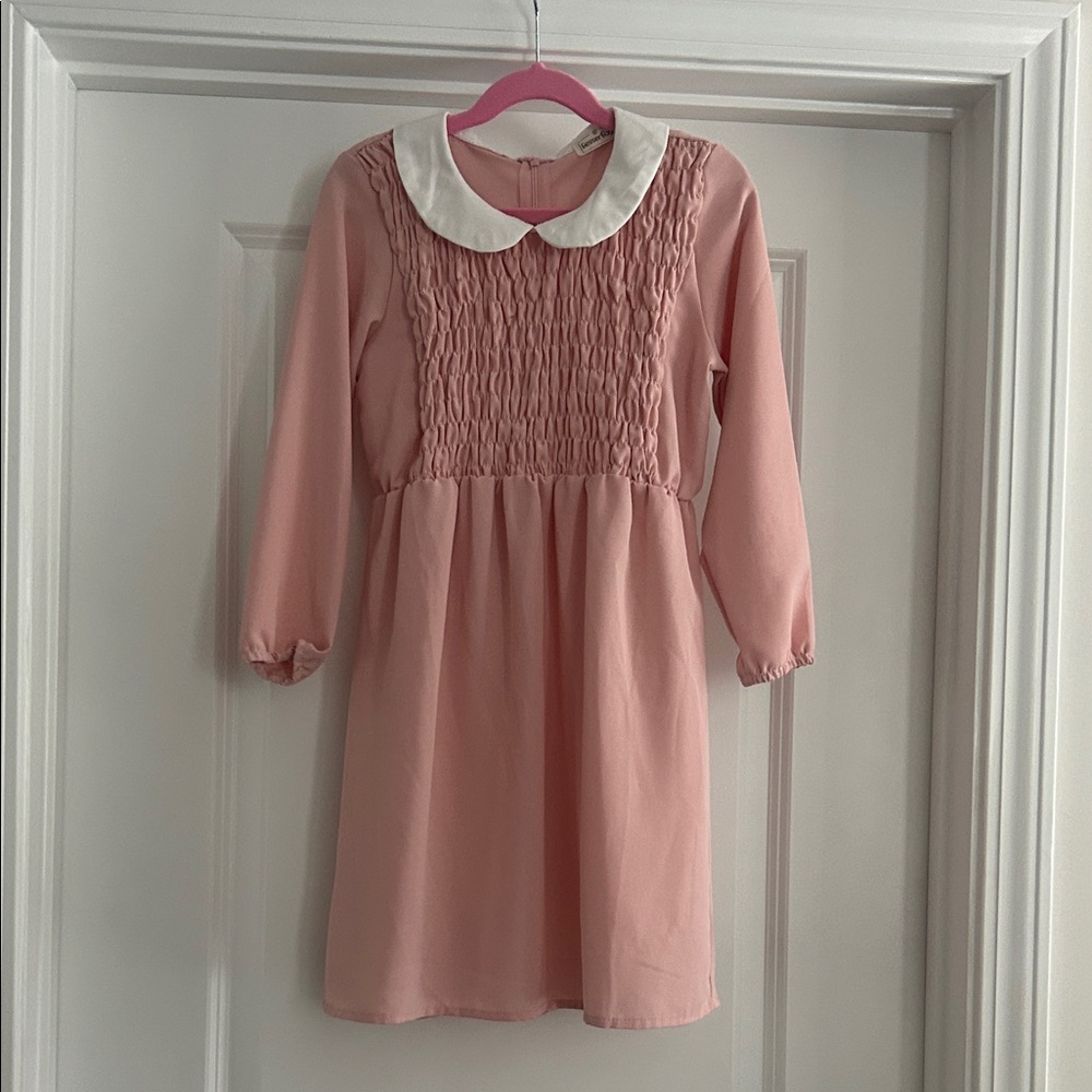 Girls Pink Long-Sleeve Dress with White Peter Pan Collar